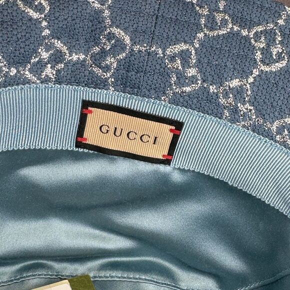 Gucci NWT Canvas Lame GG Monogram Bucket Hat Small Light Blue Silver - Picture 10 of 11